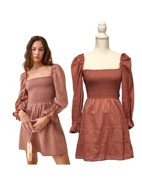 Reformation Dunes Smocked Bodice Puff Sleeve Praline Mini Dress Cottagecore Sz 4